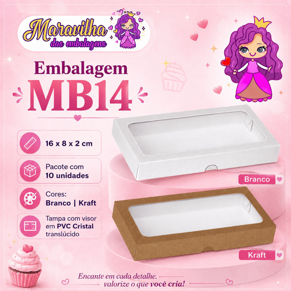 Embalagem MB14 em papel Kraft ou Branco 276GR - 16X08X02 cm - Pacote com 10 unidades