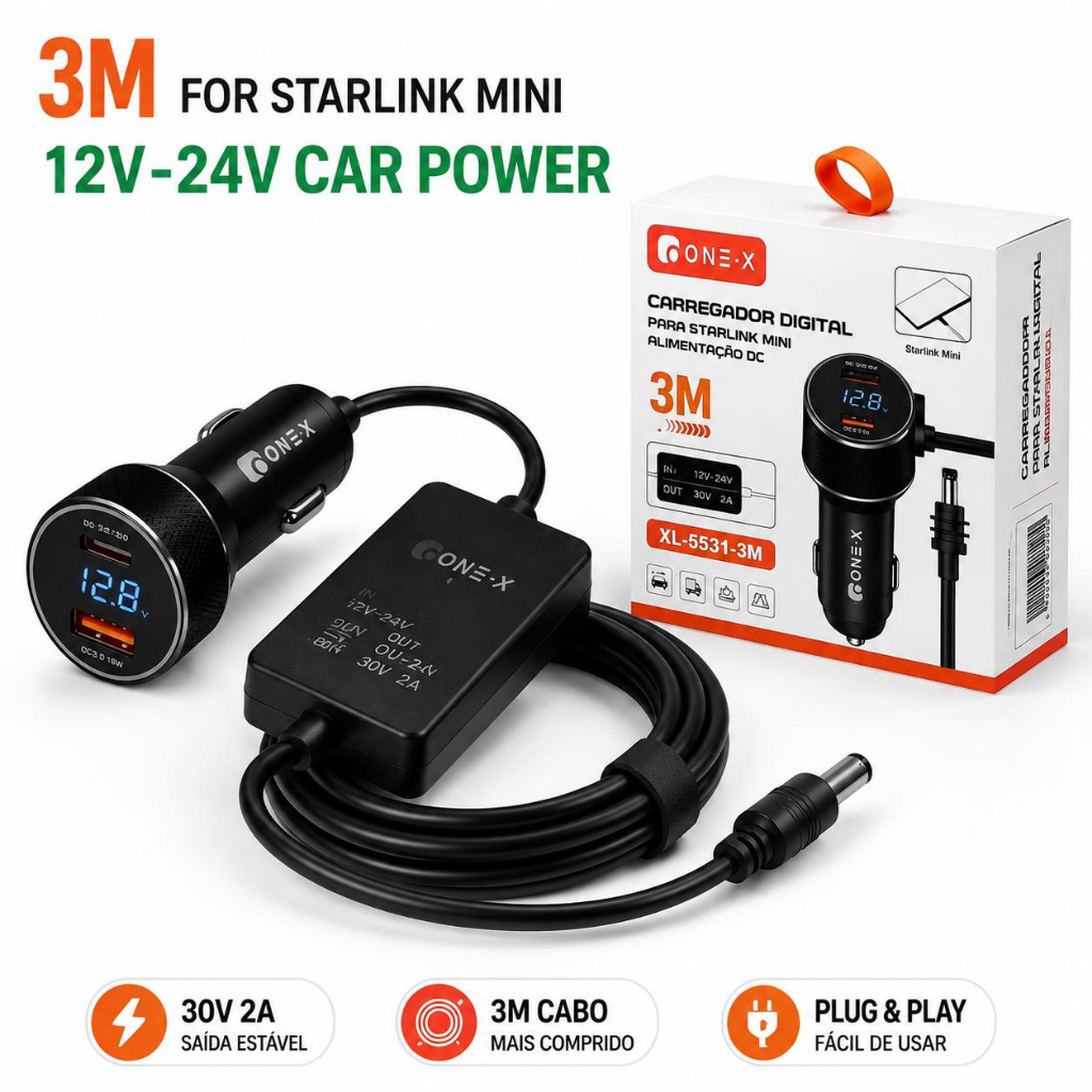 Conversor Boost Veicular para Starlink MiniEntrada 10-28V Saida 30V 3.5A Carregado Carregador de Carro Mini 2/3M