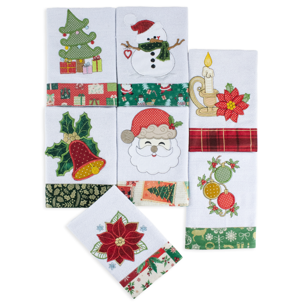 Panos De Prato Natalino Kit 7 Peças Bordados Com Barrado 100% Algodão Alta Absorção Cozinha Natal