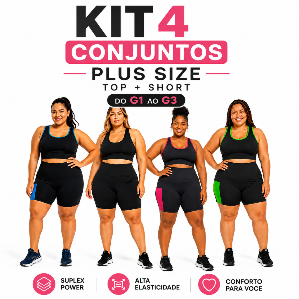 Kit 4 Conjuntos Fitness Academia Feminino P M G GG Plus Size G1 G2 G3 Top e Short  Cós Alto Roupa para Malhar Ginástica