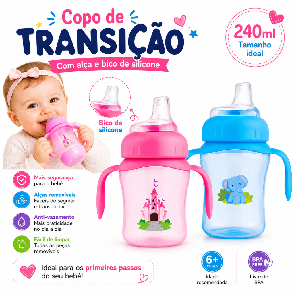 Copo Infantil Para Bebê Bico Silicone Anti-Vazamento