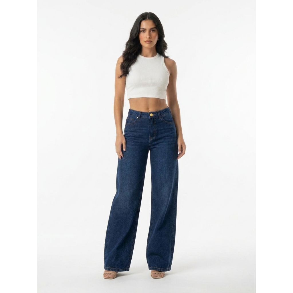 Calça Wide Leg 100% Algodao Jeans