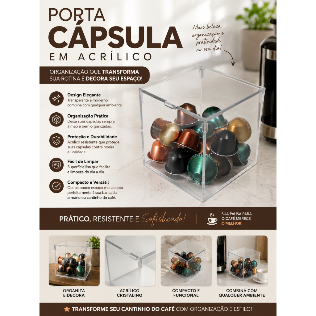 Porta cápsulas Acrílico de café chá cappuccino Nespresso Nescafe Dolce Gusto Três Corações grande