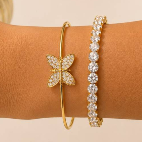 Pulseira Bracelete Delicado Borboleta Cravejado Zircônia Dourado Prata Ajustável Festa