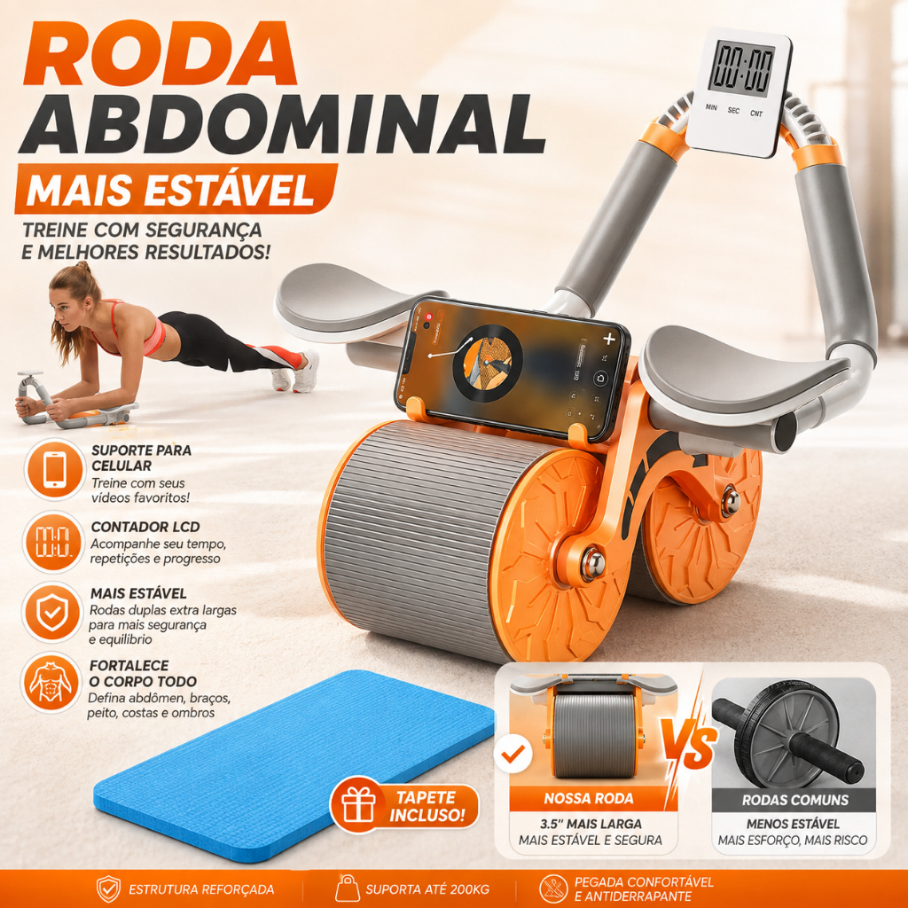 Roda Abdominal Dupla com Contador, Apoio de Cotovelo, Suporte Celular e Tapete