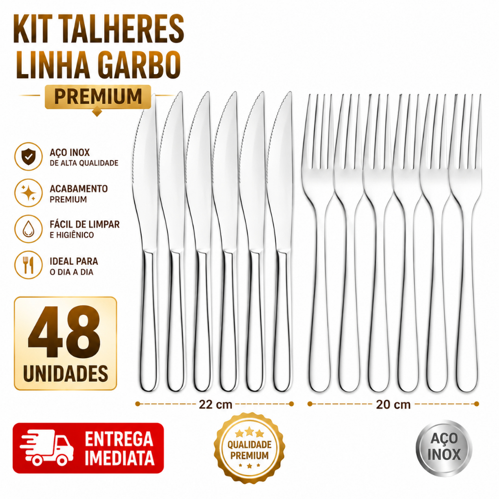 Kit Garfo 20cm e faca 22cm Premium Inox Para Churrasco Linha Garbo Restaurante Buffet Eventos Churrascaria Casa Cozinha