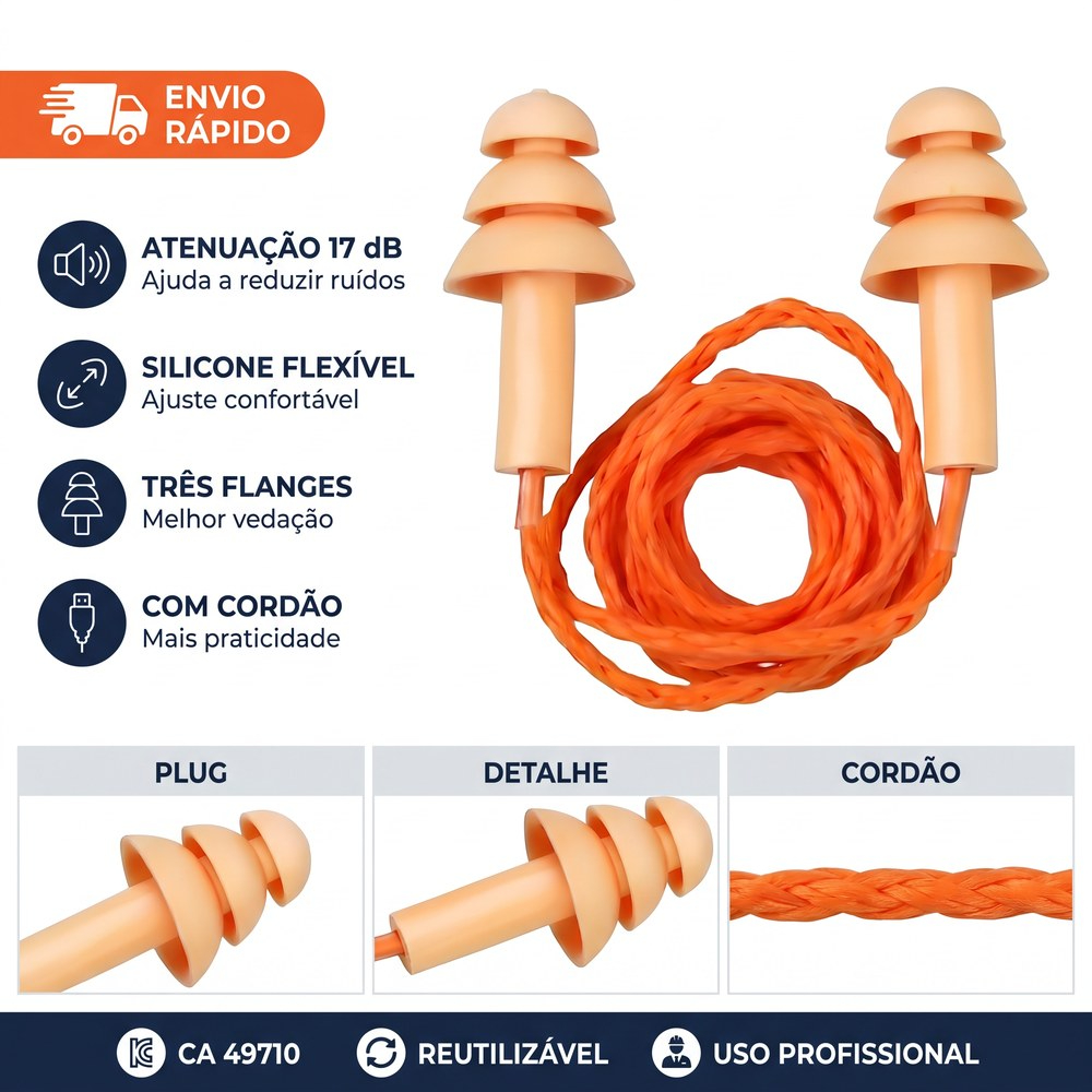 Imagem Protetor Auricular Plug Silicone 17dB CA 49710 EPI Segurança NR-6 Trabalho Ruído