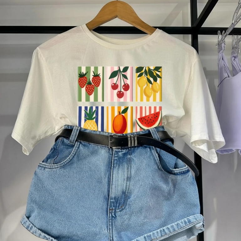 Camiseta Camisa blusa T-shirt Frutas tropicais 100%Algodão moda feminina estilosas confortavel