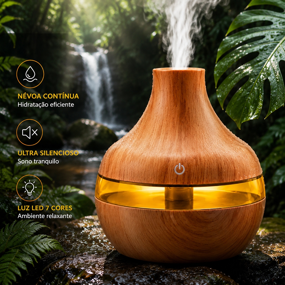 Umidificador De Ar E Aromatizador Silencioso De Madeira Design Multifuncional Portatil Com Led 7 Cores