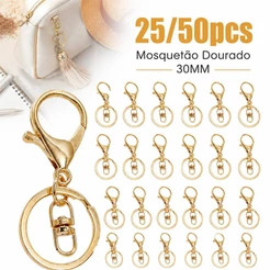 25 Argolas de Chaveiro 30mm com Mosquetão Dourado Acessório para Artesanato DIY
