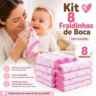 Kit 8 Fraldinhas de Boca Bebê 100% Algodão Estampadas 35x35cm Paninho de Boca Enxoval Menino Menina