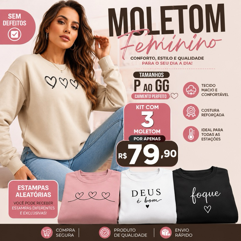 Kit 3 Blusa de Frio Moletom Feminino estilo suéter casual caimento perfeito cores e estampas variados sem defeito