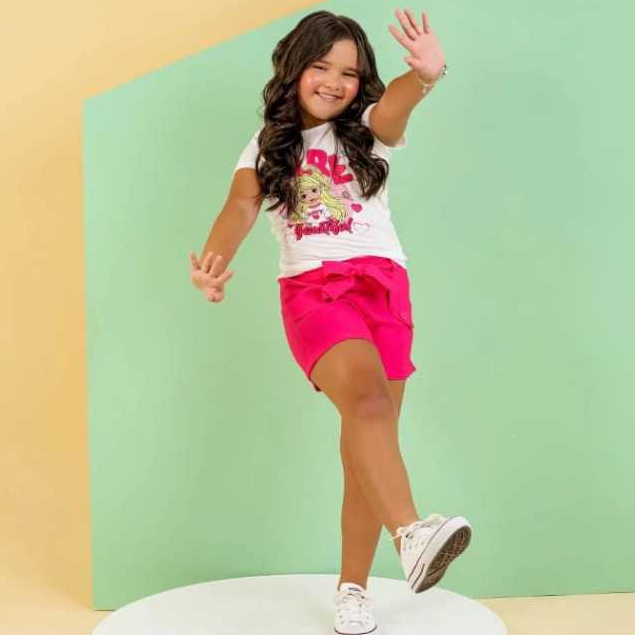 Conjunto Infantil Menina Blusa Estampada e Short Pink com Laço Confortável Moda Verão Roupa Infantil