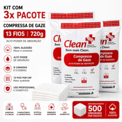Kit 3x Pacotes Compressa de Gaze 13 Fios Hidrófila 1500 Unidades ou 720g Curativo Hospitalar
