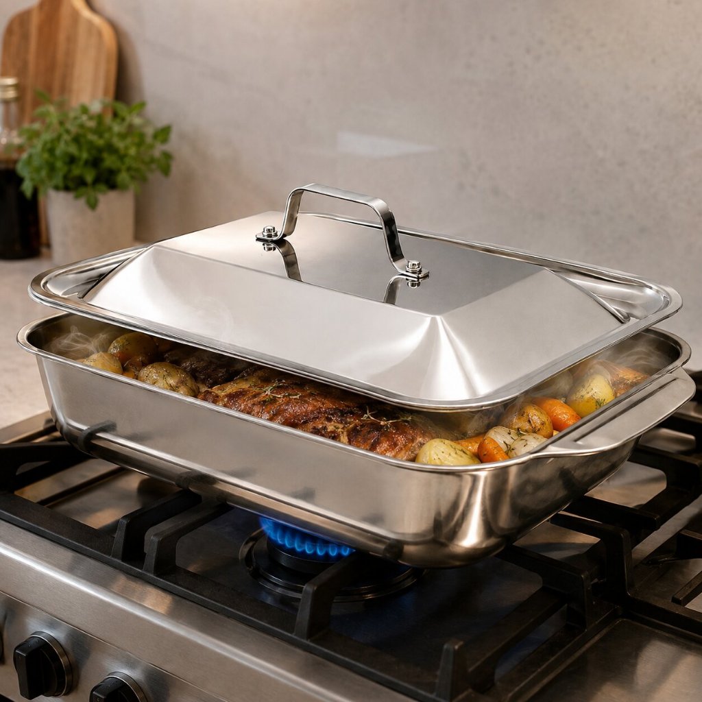 Assadeira Retangular em Inox com Tampa para Forno Fogão Churrasco e Altas Temperaturas