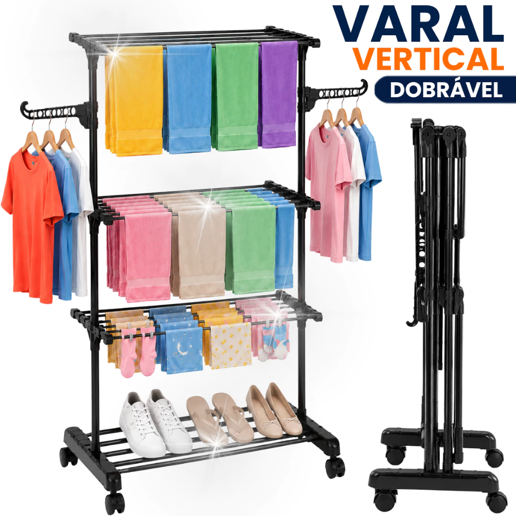 Varal Vertical Dobrável Com Rodinhas Articulado 3 Níveis Andares Organizador Roupas Toalhas Pouco Espaço Apartamento — imagem 1