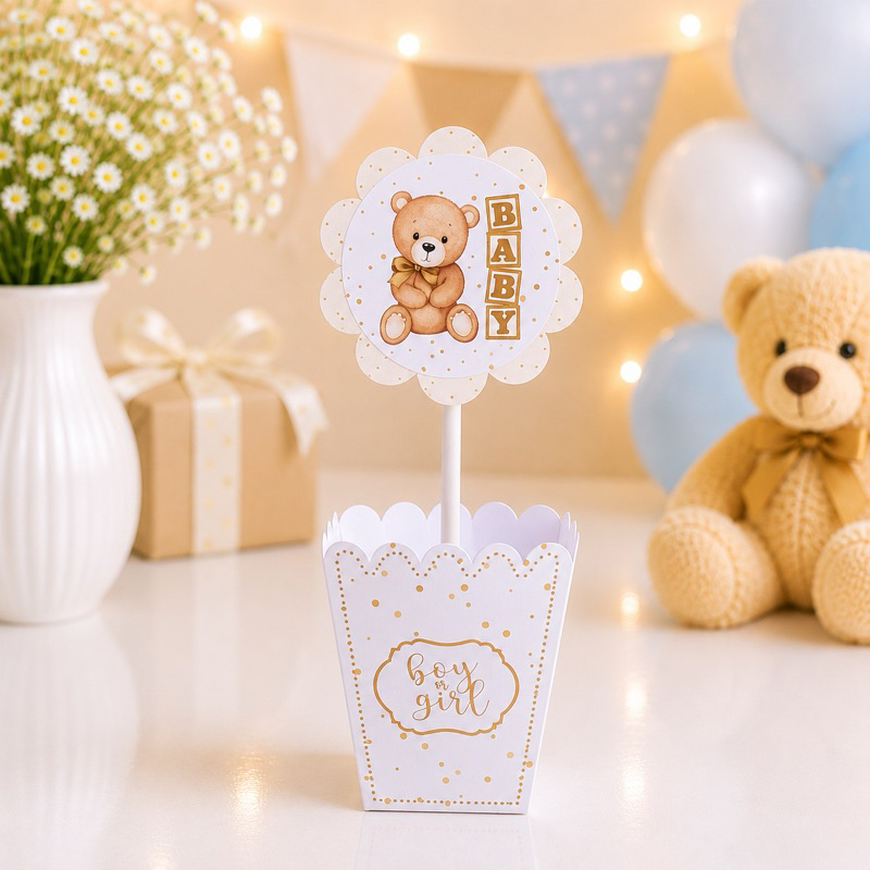 Cachepo / Centro de mesa Personalizado | Chá de bebe | Lembrancinha Ursinho marfim