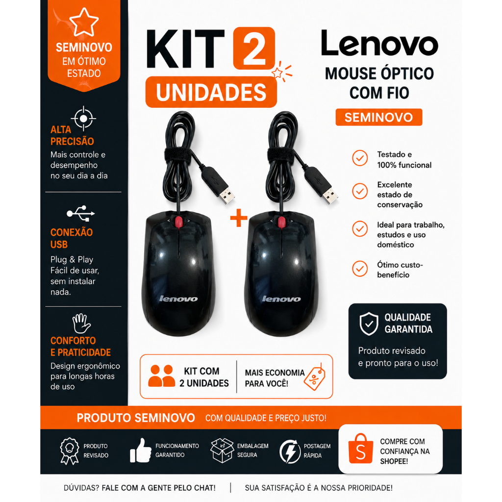 Kit com 2 - Mouse Óptico Lenovo Essential - COM FIO USB