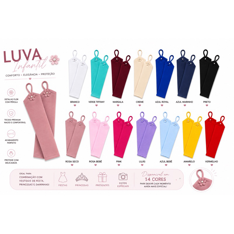 Luva Infantil Meninas Princesa Daminha Casamento Diversas Cores