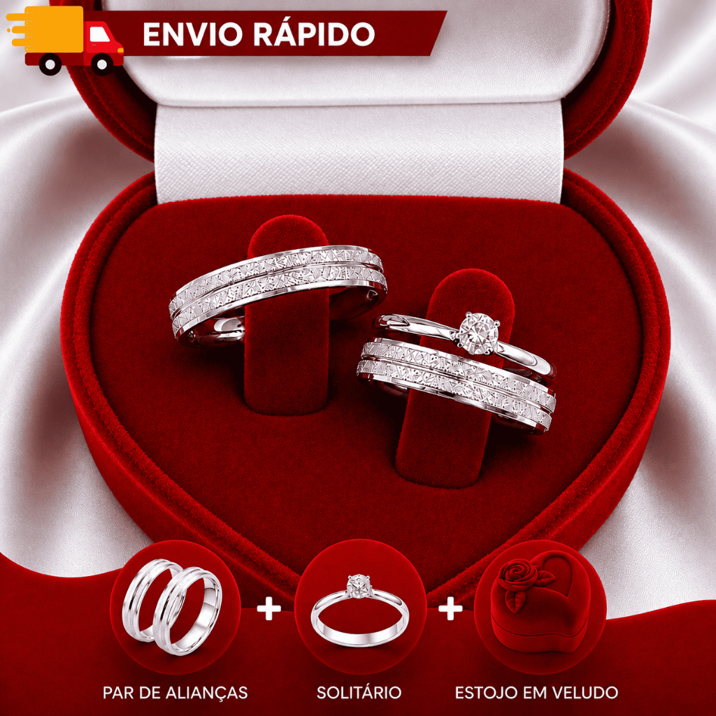 KIT Par Alianças Diamantada Frisada Brilhante + Anel Solitário + Caixa de Veludo | Noivado, Compromisso, Namoro