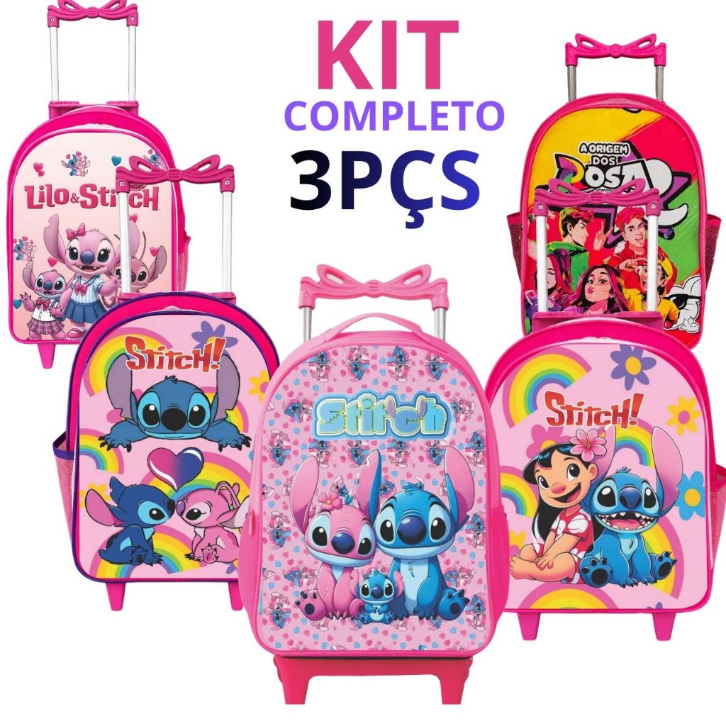 kit= mochila= escolar infantil lancheira e estojo stitch com rodinhas
