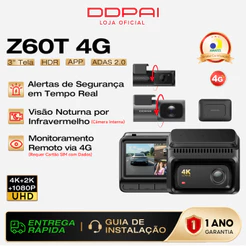 Câmera Veicular DDPAI Z60T 4G 3 Canais 4K+2K+1080P HDR Monitoramento Remoto Visão Noturna IR Wi-Fi GPS Tela de 3"