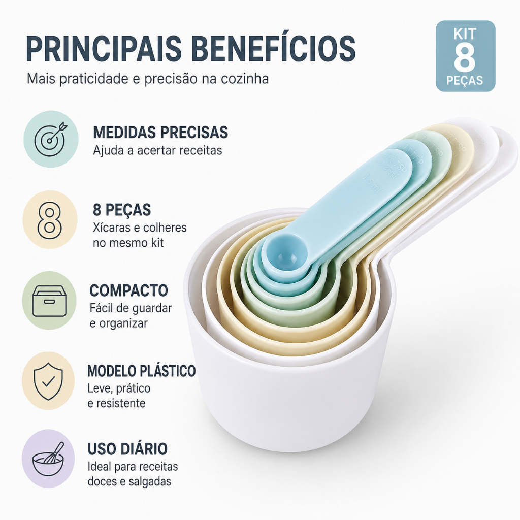 Medidor de Cozinha Inox Xicara colher Kit 8 Peças Confeitaria