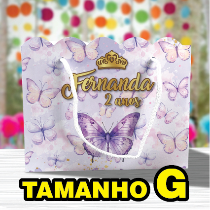Sacolinha de Festa Borboleta Lilás Grande TamanhoG Lembrancinha Personalizada Kit Festa Sacola Ondulada Jardim Encantado