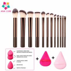 ANA1108 12Pincéis de Maquiagem + 2 Esponjas + 2esponjade Pó diamante