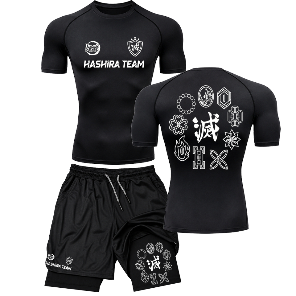 Kit Compressão Masculino Camiseta + Short 2 em 1 Academia Fitness Hashira Team Pilar Demon Slayer