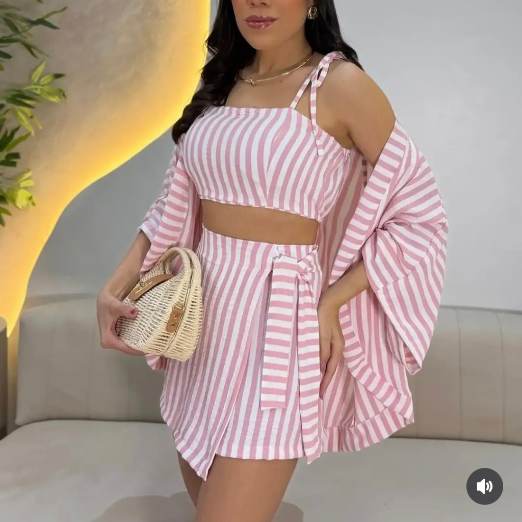 Conjunto Feminino 3 Peças Listrado – Kimono, Camisa Cropped com Lastex Bojo e Short Saia Look Elegante Moda Verão