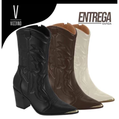 Bota Feminina Vizzano West Texana Bico Fino Moda Cano médio acolchoado Original rodeio zíper Forrada 3113.101