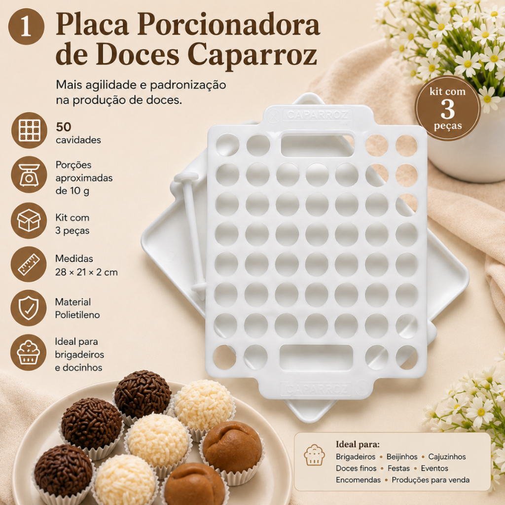 Placa Porcionadora de Doces 10 g 50 Cavidades Kit 3 Peças Caparroz Caseiro Grande Escala Profissional