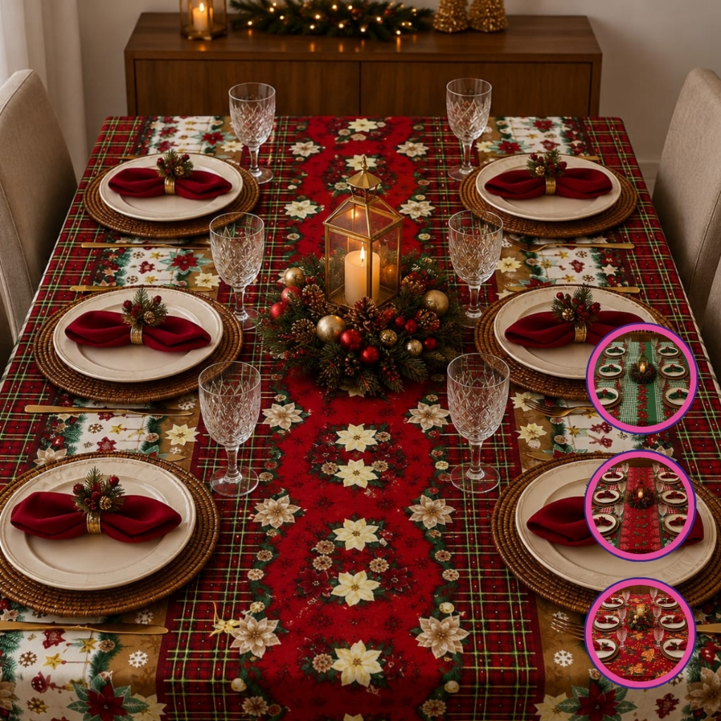 Toalha de Mesa 6 Lugares Oxford Estampado Natal 2,00m X 1,45m