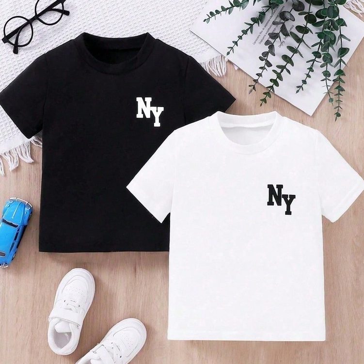 Kit  Conjunto De 2 Camisas  Simples E Confortáveis Para Menino Com Estampa De Letras Para O Verão