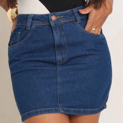 Mini Saia Jeans Feminina Tradicional Cintura Alta Com Bolsos