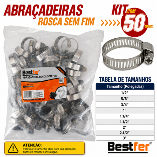 Kit 50 Abraçadeiras Rosca Sem Fim Aço Inox 9 Tamanhos Mangueiras Tubos