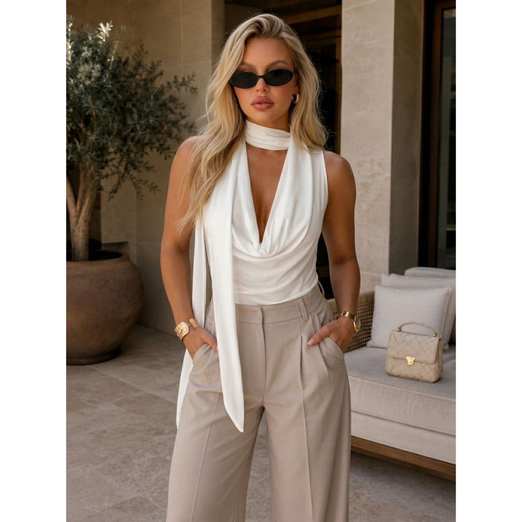 Blusa Feminina Gola Degagê com Faixa no Pescoço Sem Manga Longa Elegante Tamanho Único 36 ao 42