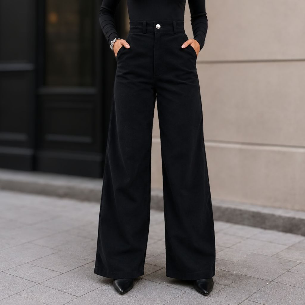 Calça Wide Leg Feminina Veludo Cotelê Cintura Alta Pantalona Social Elegante Com Bolsos