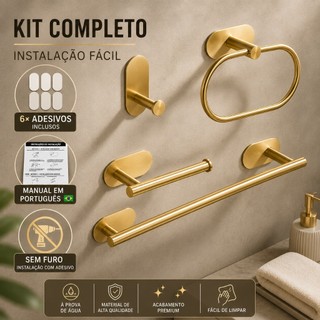Kit Acessórios Banheiro Cabide Toalheiros Papeleira 4 Peças Dourado