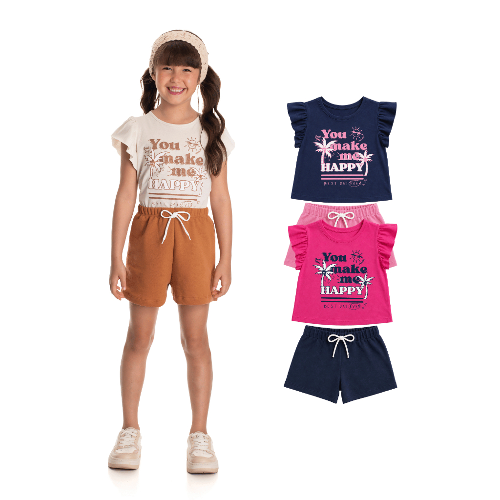 Conjunto Infantil Feminino Blusa Algodão Manga Franzida Bermuda Moletinho Tamanhos 4 6 e 8