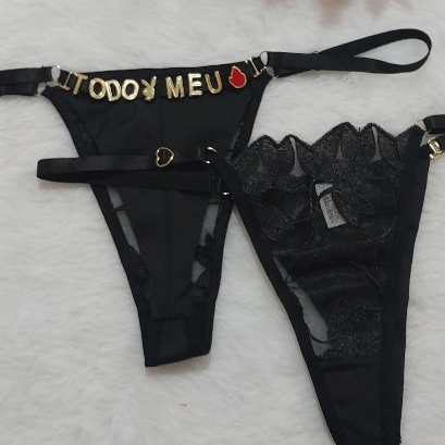 Calcinha Tanga Tule Bordado Personalizada Com Letra Em Metal Fio Duplo Escolha Seu Nome Tamanho Único