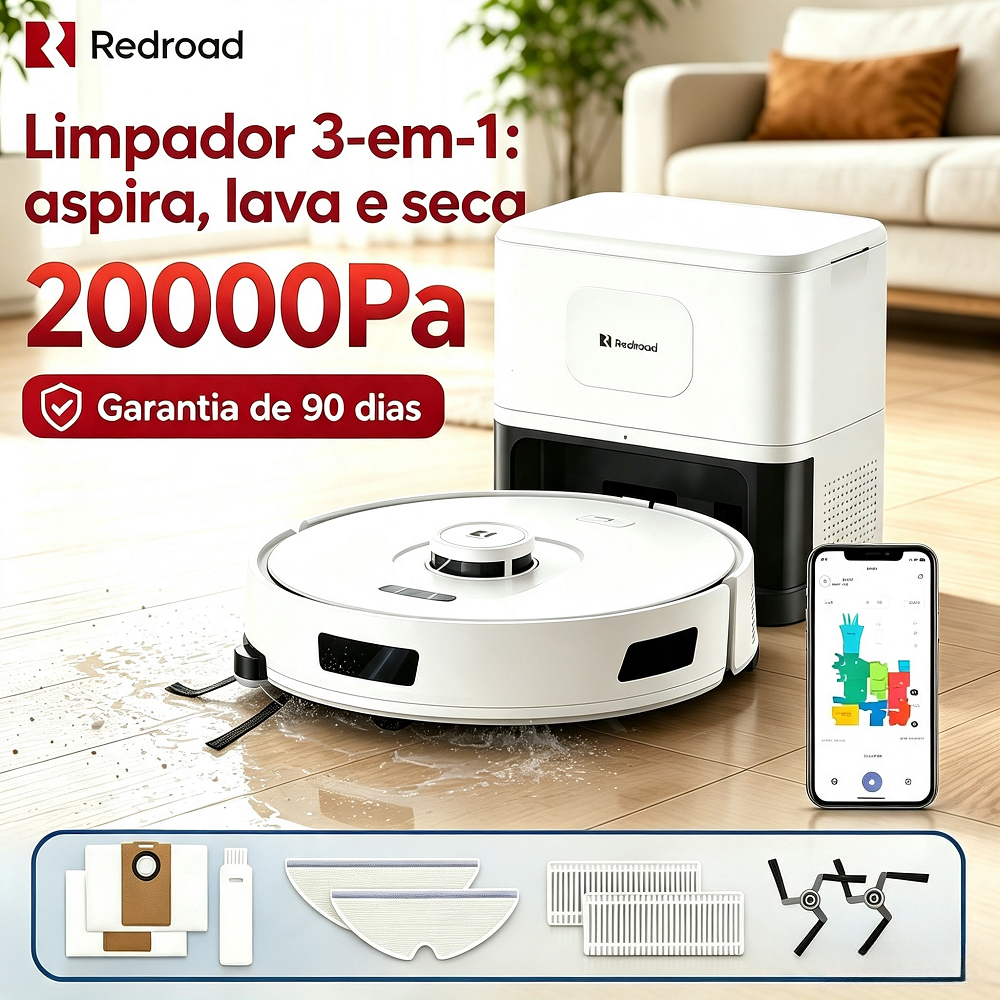 Robô Aspirador Inteligente com Estação de Auto Limpeza | Mapeamento a Laser | 20000Pa | Aspira e Passa Pano Redroad R11