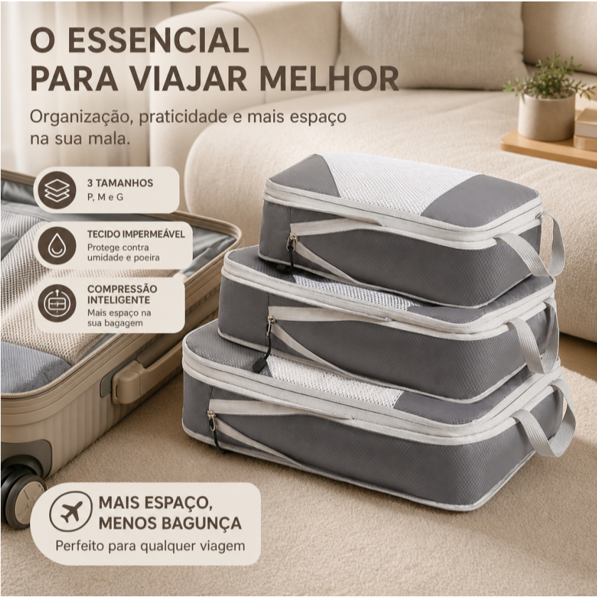 Bolsas Compressíveis Organizadoras de Viagem 3 Peças Organizador para Roupas Malas Viagem Economia de Espaço