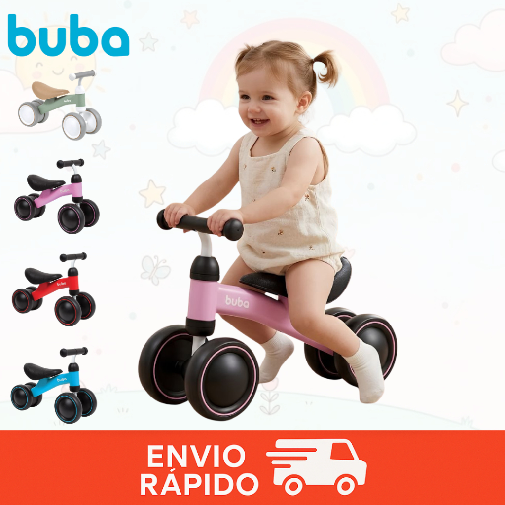Bicicleta Infantil de Equilíbrio Buba Andador Bebê 4 Rodas Sem Pedal Educativa Primeiros Passos Menino Menina Mini Bike