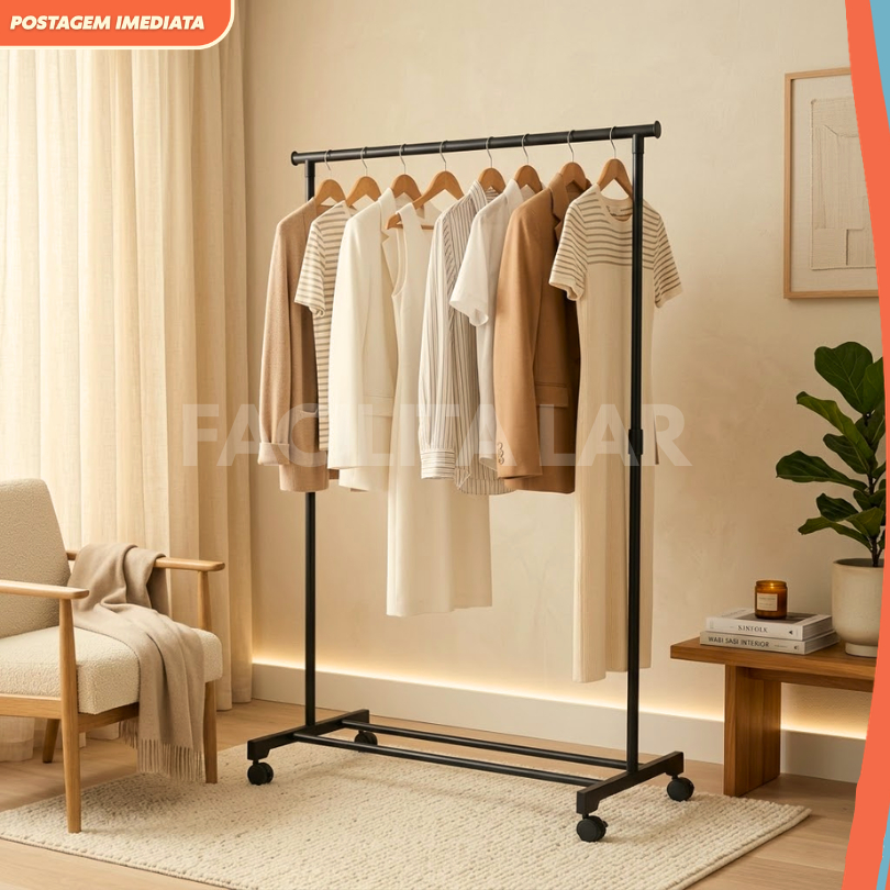 Arara De Roupas Cabideiro Metal Reforçado Rodinhas Ajustavel Organizador De Roupas Closet Quarto Pratico Resistente Pret