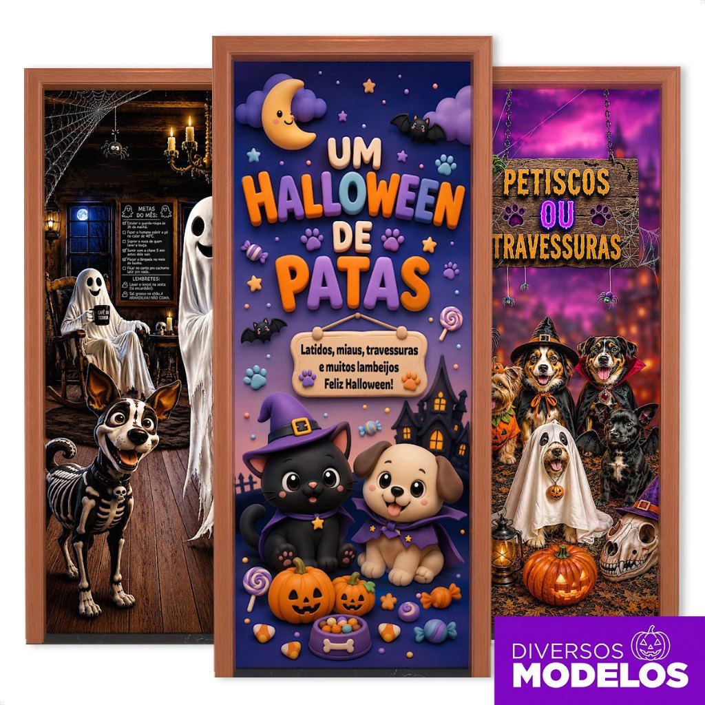 Capa de Porta Halloween Pet 0,80x2,10m Decoração Pet Shop Veste Porta Em Tecido Sublimado C/ Elástico