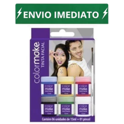 Kit Tinta Facial c/ 6 cores + Pincel 15ml - Maquiagem Artística - Secagem Rápida e Total - Color Make - Colormake