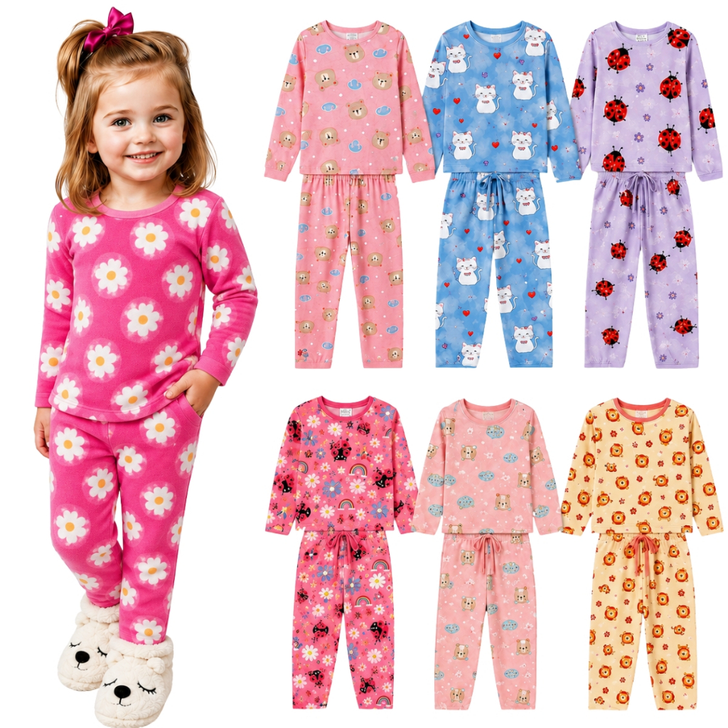 Kit 4 Peças Pijama Inverno Infantil Menina Manga Longa Comprida Tamanho 2 ao 6