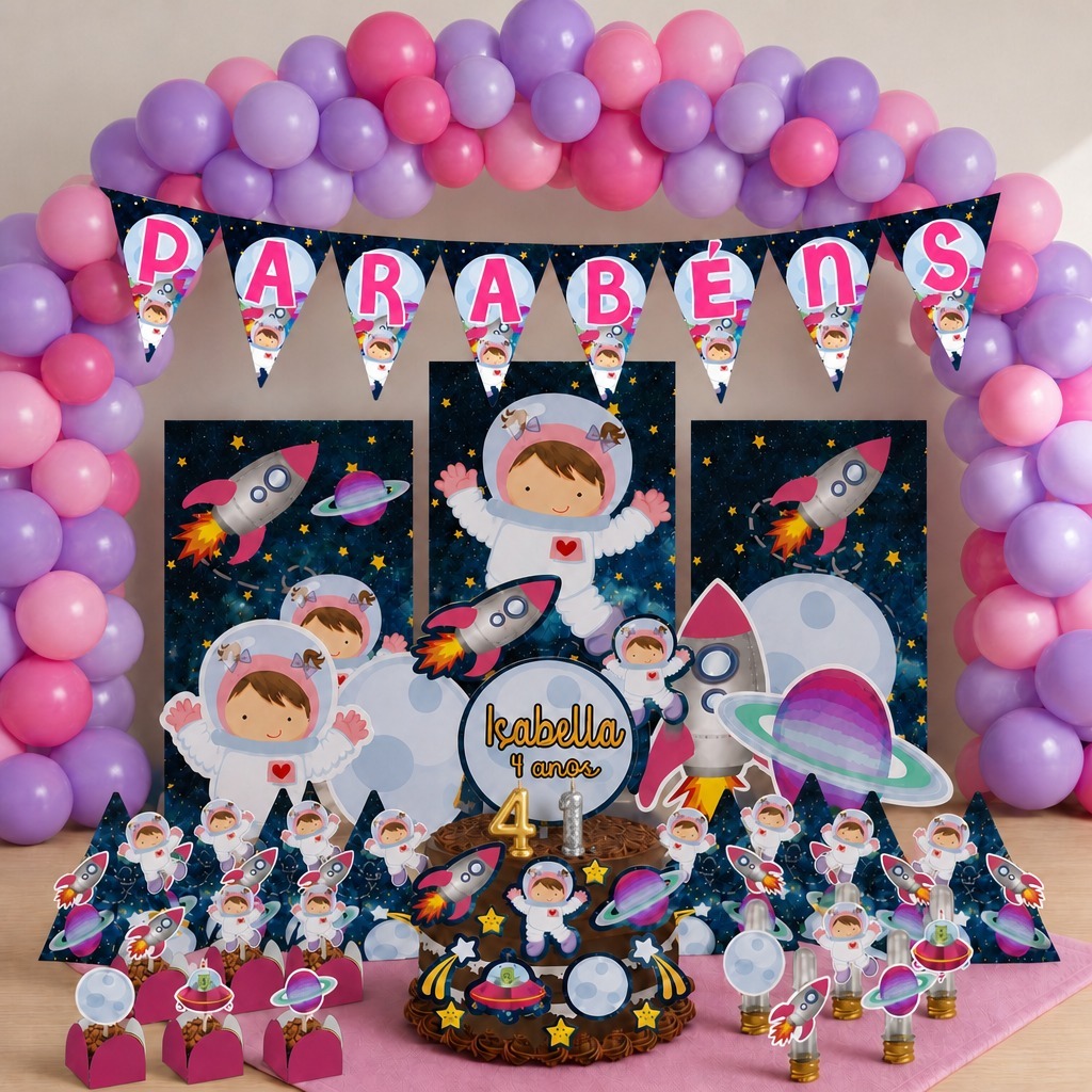 Kit Festa Mesversário Astronauta Rosa Personalizado 78 Itens Decoração Completa Menina Bebê Lembrancinhas